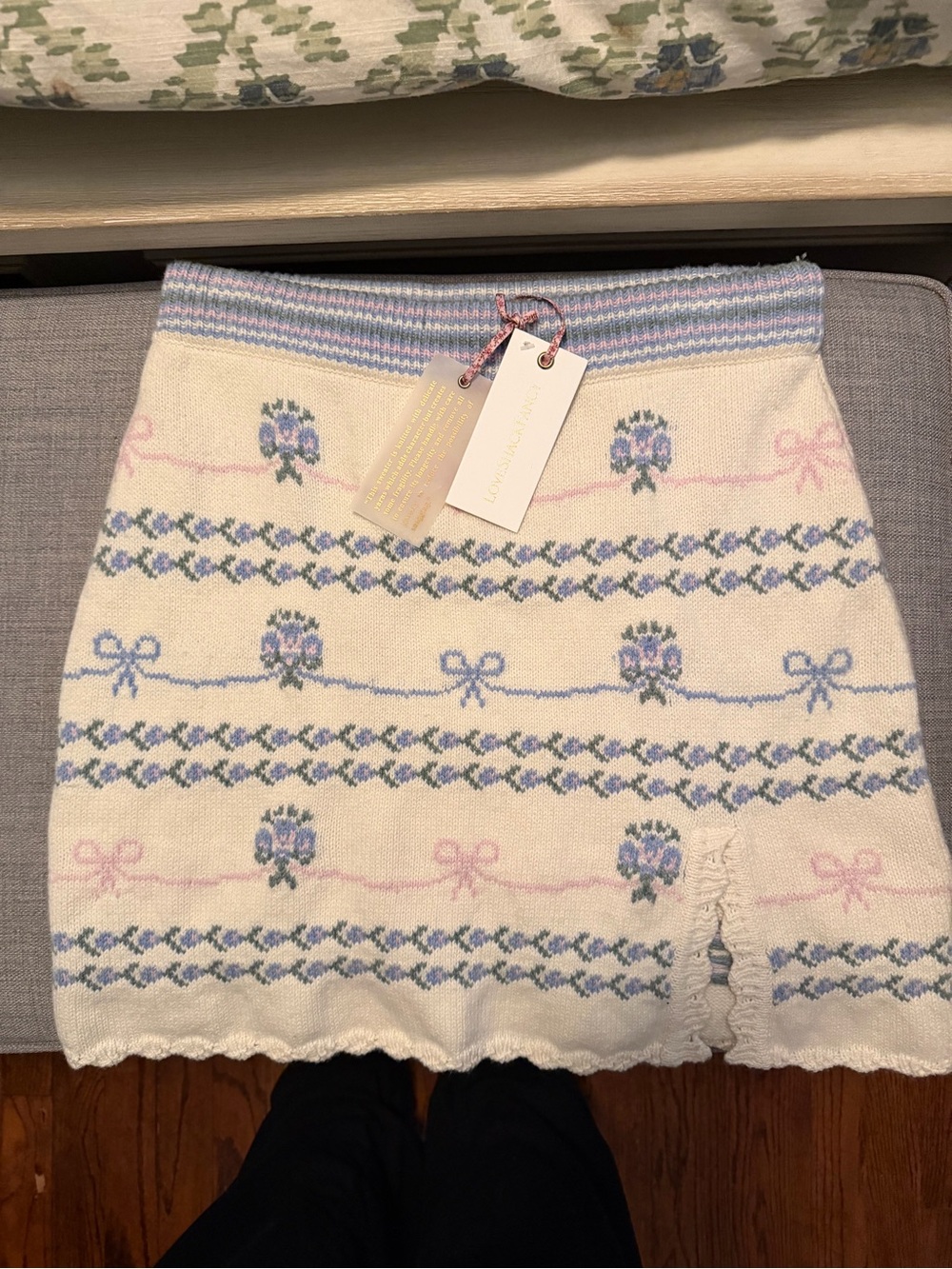 LoveShackFancy Cream Knit Mini Skirt with Pastel Blue and Pink Motifs
